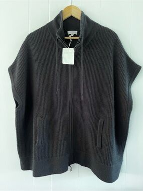 NWT Kinross Cashmere Ribbed Zip Sleeveless Mock Knit Black Wool Vest Zipper